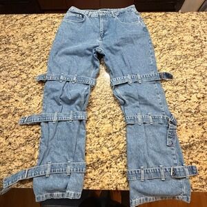 Ragged Jeans Blue Multi Strap Buckle Denim Straight Leg Pants Size 32 ws